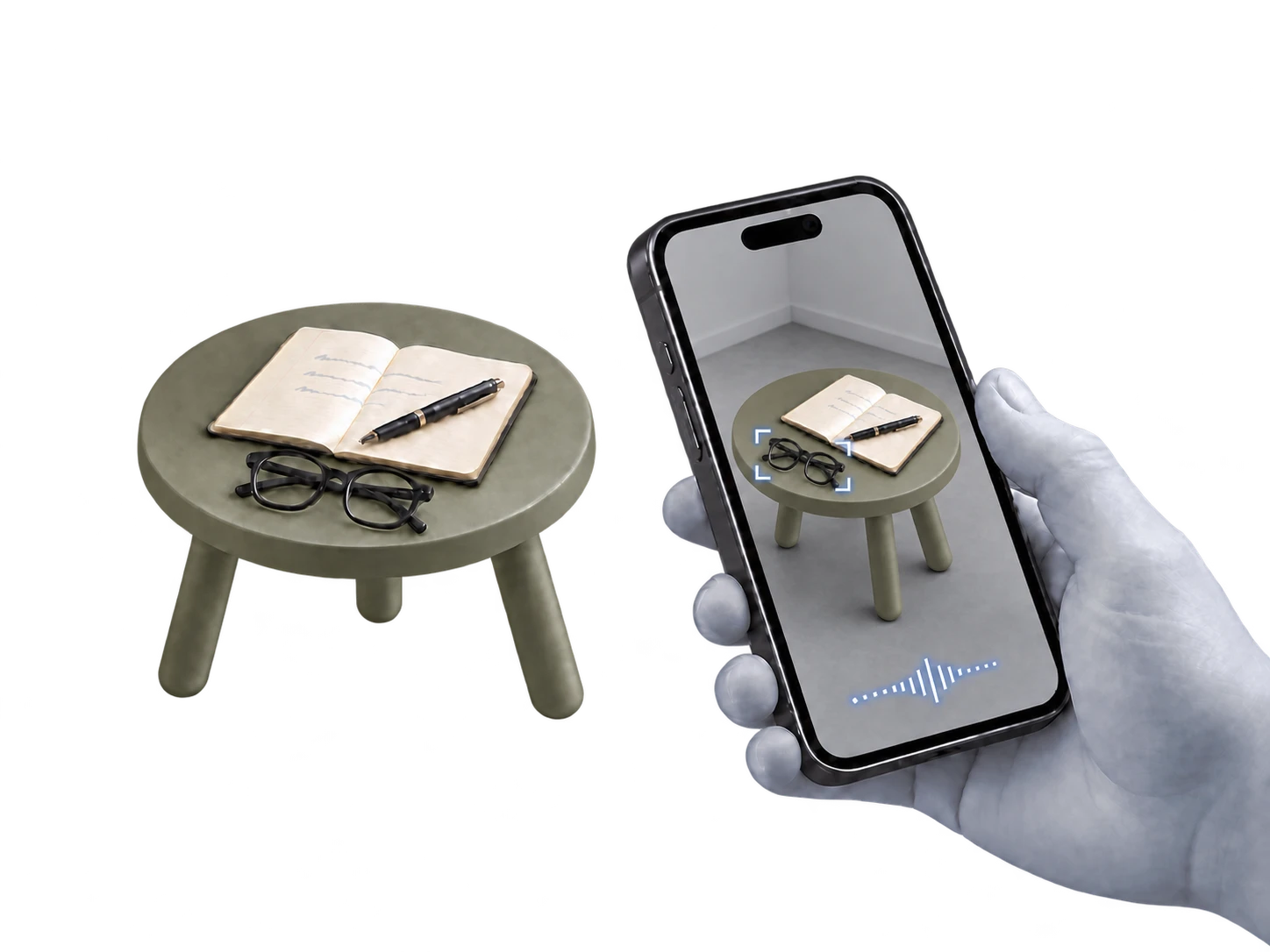 A left hand aims a phone toward glasses, a notebook and pen on a table. The phone shows a wide camera view with corner marks locating the glasses and a speech waveform.