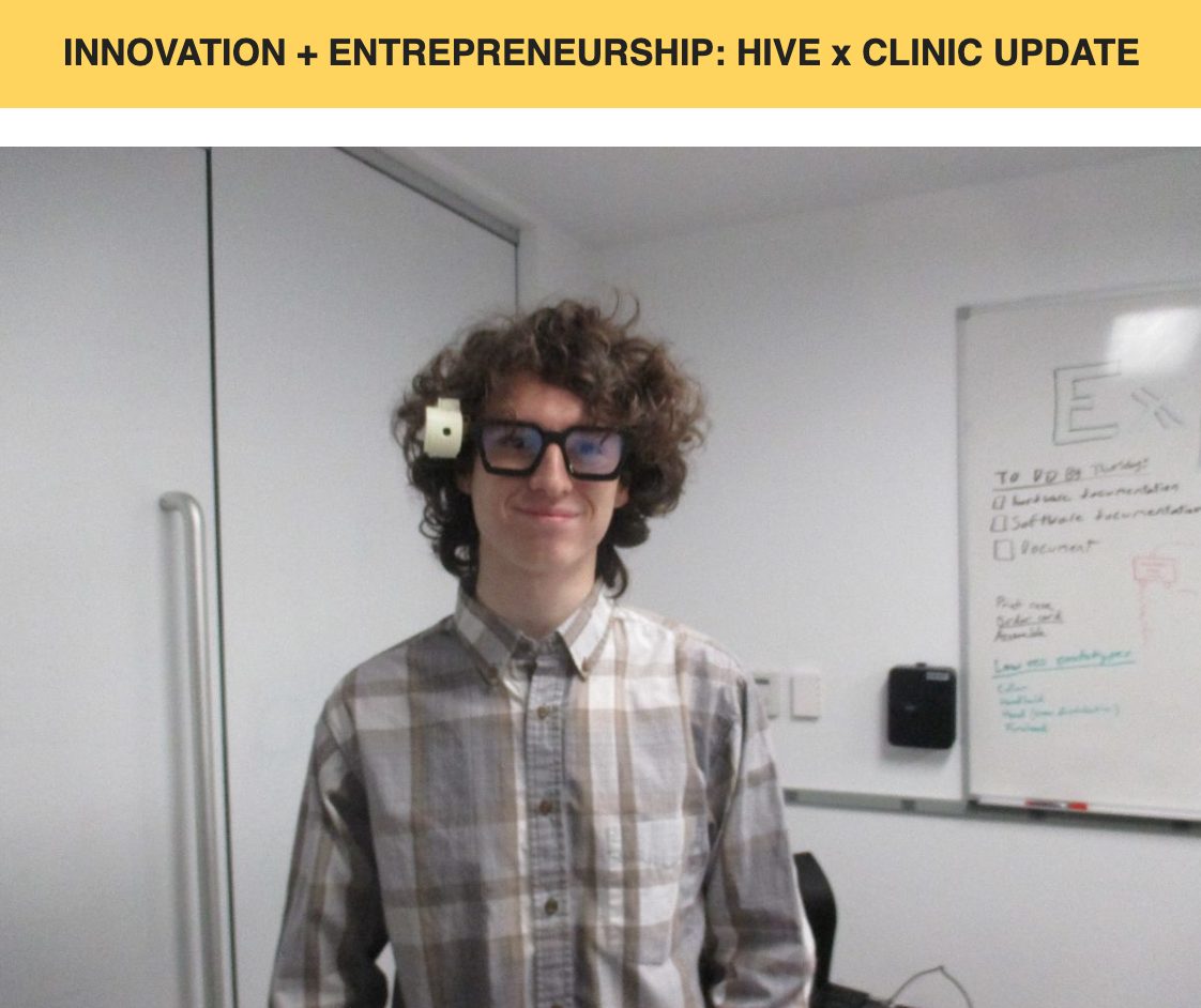 The full Hive x Clinic update article. Its header photo shows a person wearing glasses with an ExploraVist prototype clipped to the frame.