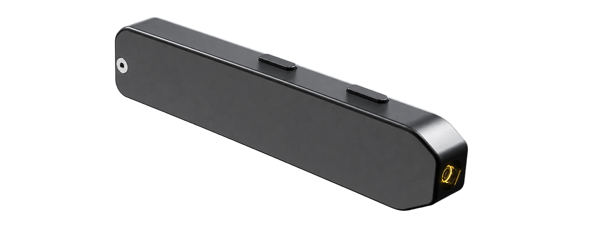 Glance design rendering: a slim black wearable with a camera at one end and raised controls along the top.